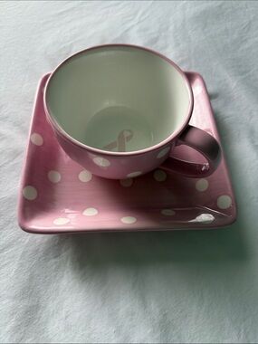 The Pampered Chef Pink Polka Dot Cup & Square Saucer Set